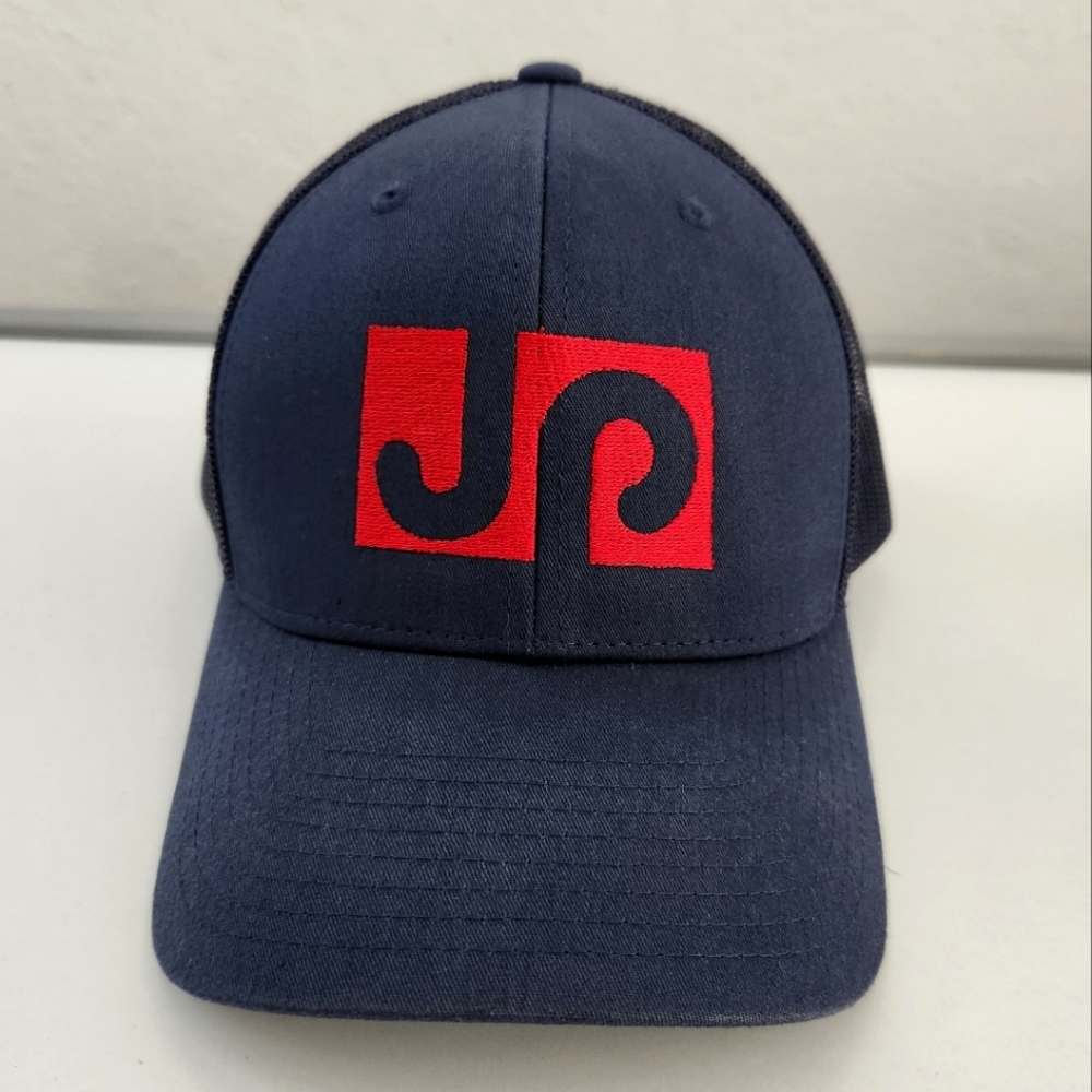 The classic yupoong navy mesh back cap hat with red embroidered logo